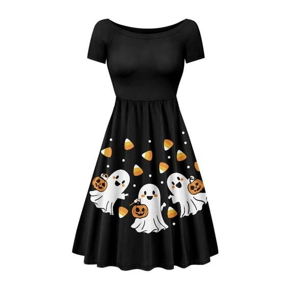 SCRAWLGOD Ghost Halloween Dresses for Women Summer Casual Midi Dresses with Sleeves for Women Comfortable Women Dresses Summer with Wide Neck for Holidays Size M