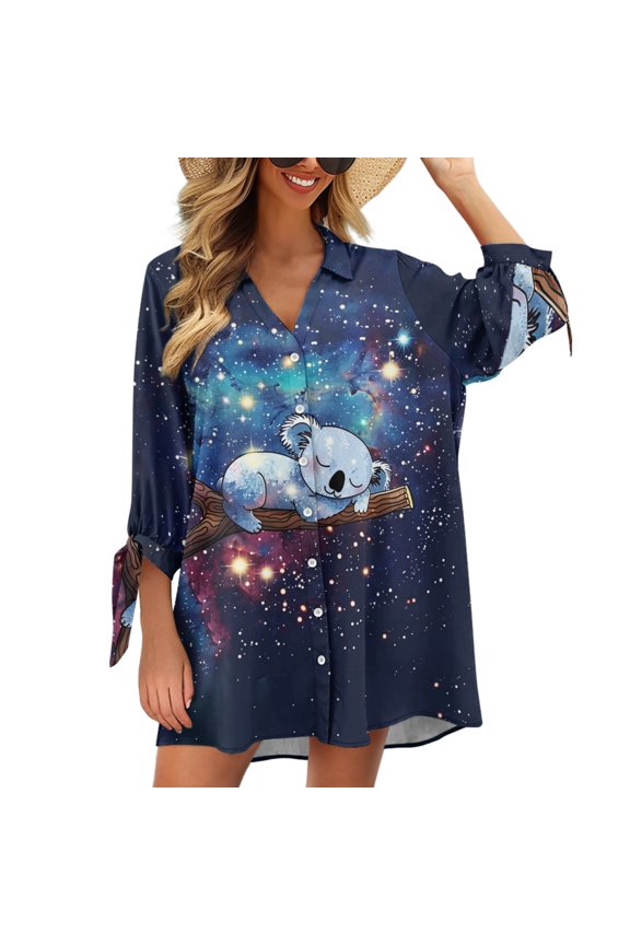 Glaxy Koala Cardigan Shirt 3/4 Sleeve Oversize Womens Blouses Summer Tops for Going Out Size 2XL Ladies Cardigan Loose Cover Up Button Down Tops