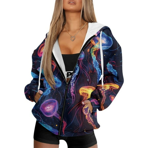 SCRAWLGOD Glowing Jellyfish Trendy Zip Up Hoodies for Women Y2k Comfortable Pockets Sweatshirt Elastic Drawstring Drop Shoulder Clothing Fall Winter Outfits, 4XL