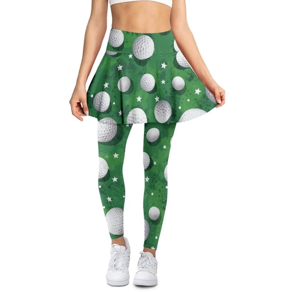 SCRAWLGOD Golf Balls Stars Green Yoga Skirt Over Leggings for Women Full Length Elastic Sports Pants Breathable Soft Tennis Golf Clothes with Pocket Fashion Essentials, XS