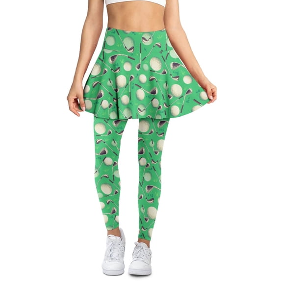 SCRAWLGOD Golf Clubs Balls Green Women's Leggings with Skirt Moisture-Wicking Sporty Skorts Leggings Comfortable Stretchy Golf Skirt With Leggings for Tennis Athletics, 3XL