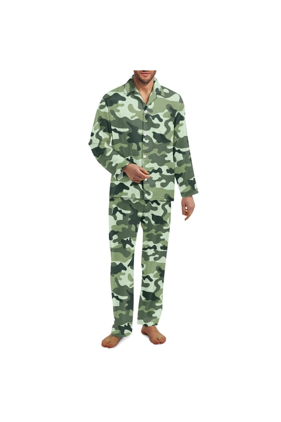 Green Camouflage 2 PCS Men Pajamas Set Long Sleeve Notch Collar Button-Down Pajamas with Pockets Lightweight & Cozy Sleepwear Wrinkle-Free Loungewear, M