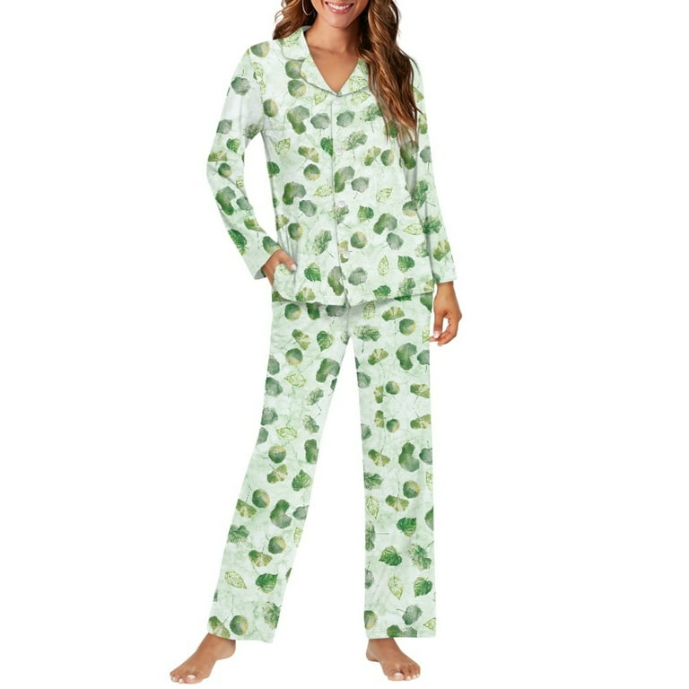 SCRAWLGOD Green Leaf Pajamas Women Long Sleeve Button Up Pjs for