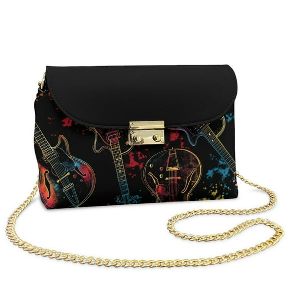 SCRAWLGOD Guitar Splash Print Black Womens Crossbody Bags PU Leather Lightweight Casual Crossbody Handbags Waterproof Fashion Sling Bag with Detachable Chain