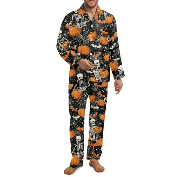 SCRAWLGOD Halloween 2 PCS Mens Long Sleeve Pajama Set with Pockets Button-Down Lightweight & Cozy Sleepwear Casual Wrinkle-Free Lightweight Pj Set, Skeleton Bat Pumpkin Star Black, S