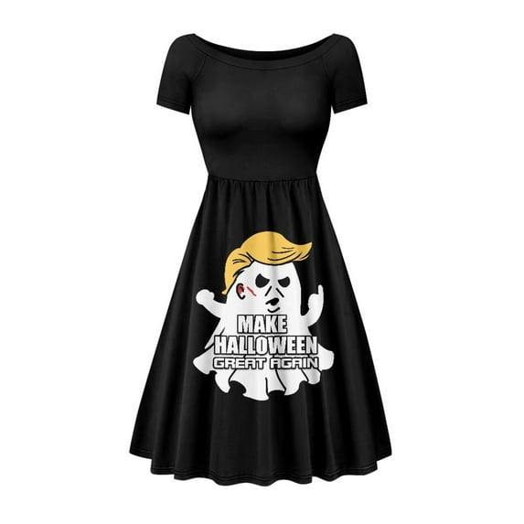 SCRAWLGOD Halloween Angry Ghost Dresses for Women Summer Casual Midi Dresses with Sleeves Lightweight Pleated Dress for Women Summer Wide Neck for Holidays