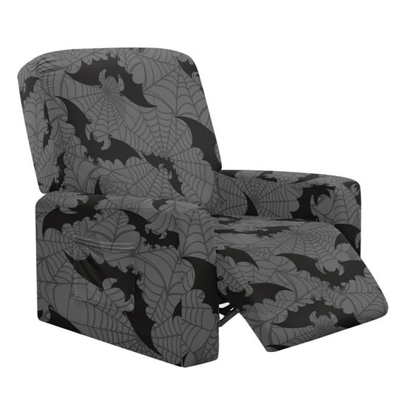SCRAWLGOD Halloween Bat Spider Web Print Gray 4 Pieces Recliner Chair Cover with Side Storage Pocket, Stretchy Fitted Non Slip Reclining Chair Slipcover, Machine Washable Recliner Cover