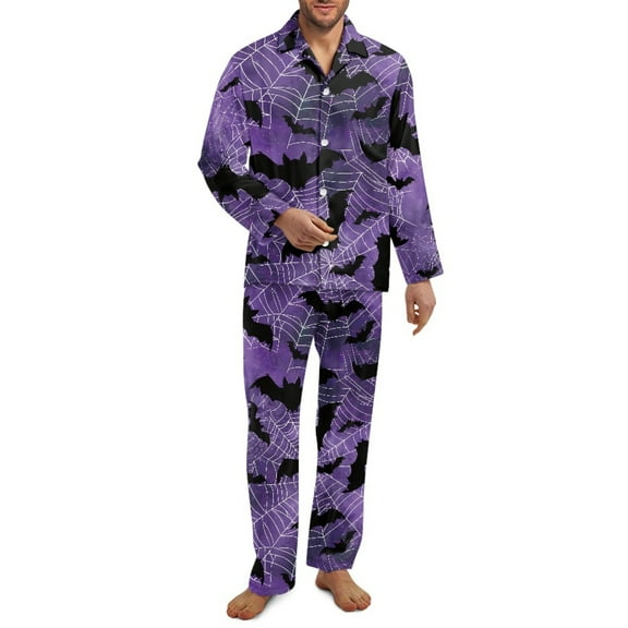 SCRAWLGOD Halloween Bat Spider Web Violet Mens Pajamas Set, 2 Pack Comfortable Notch Collar Pajamas for Men, Lightweight Long Sleeve Mens Sleepwear with Pockets & Elastic Band, 3XL