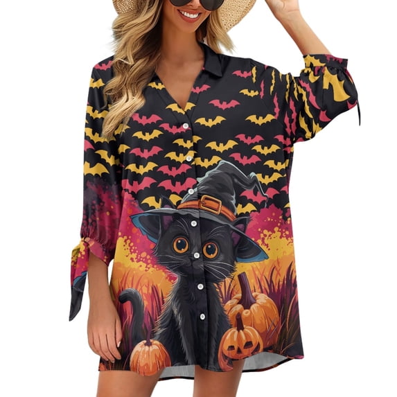 SCRAWLGOD Halloween Bats Women's Seven Quarter Sleeve Cardigan Shirt Plus Size Black Cat 3/4 Sleeve Tops for Women 2XL Casual Women Cardigan Shirt for Going Out