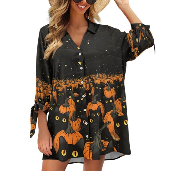 SCRAWLGOD Halloween Black Cat 3/4 Sleeve Cardigan Shirt for Women Size XL Three Quarter Sleeve Blouses Tops V Neck Shirts Tops for Women Button Down Blouses