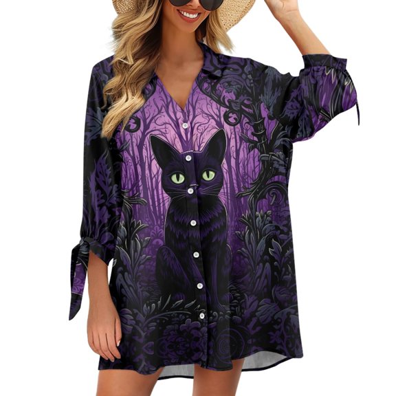 SCRAWLGOD Halloween Black Cat 3/4 Sleeve T Shirts for Women Size S Button Down Shirts for Daily & Travel Women's Blouses & Button Up Shirts for Ladies