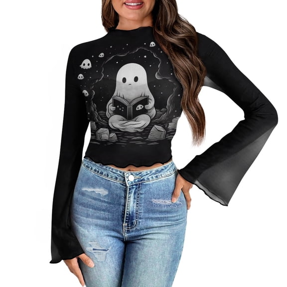 SCRAWLGOD Halloween Cute Ghost Bell Sleeve Tops Long Sleeve Flared Shirts for Women Size L Casual Women Lettuce Trim Tops Y2K Shirts for Party Going Out
