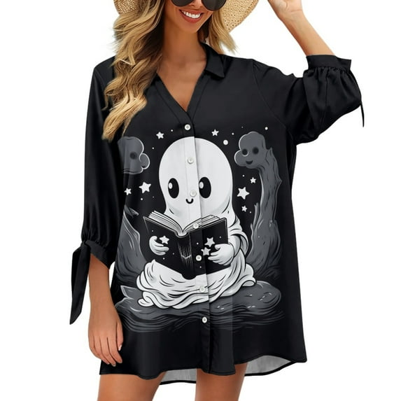 SCRAWLGOD Halloween Cute Ghost Women's Seven Quarter Sleeve Cardigan Shirt Size M V Neck Button Up Work Blouse Tops Open Front Cardigan for Women Summer