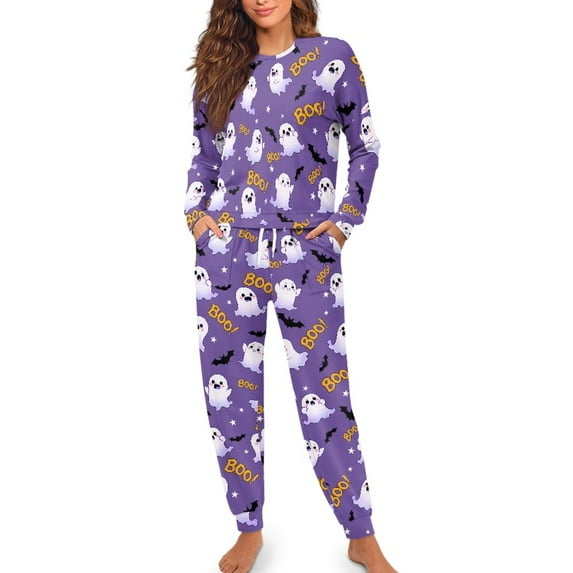 SCRAWLGOD Halloween Ghost Bat Star Boo Violet Women's Breathable Pajama Sets Fall Casual Lightweight 2Pcs Sleepwear Pullover Anti-Wrinkle Long Sleeve Tops Long Pants Pockets, S