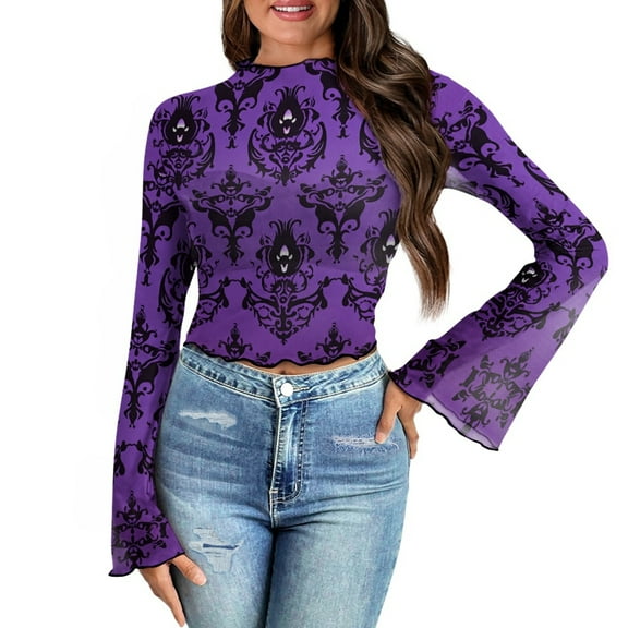 SCRAWLGOD Halloween Ghost Bell Sleeve Tops for Women Purple Size L Long Sleeve Slim Tops Long Sleeve Flowy Tops for Ladies Casual Mock Neck Sheer Tops