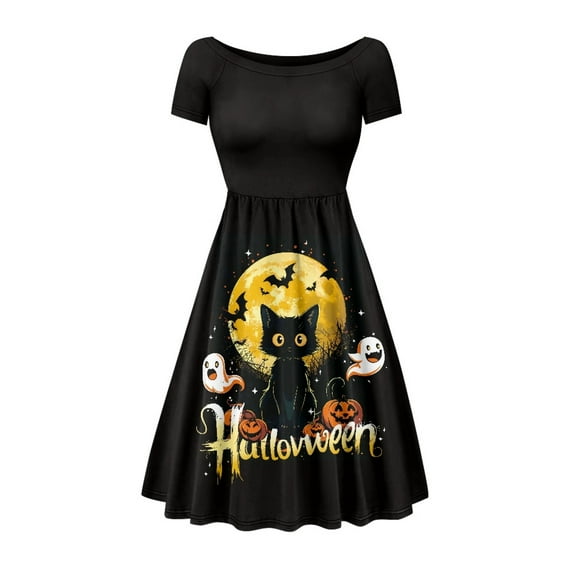 SCRAWLGOD Halloween Happy Ghost Dresses for Women Cat Print Summer Casual Midi Dresses Breathable Women's A Line Dresses with Sleeves Crew Neck Pleat Dresses for Holidays Size XS