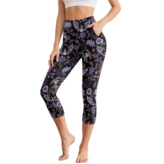 SCRAWLGOD Halloween High Waisted 3/4 Leggings for Women Tummy Control Stretchy Cropped Tights with Pockets Buttery Yoga Pants for Workout Athletic Running, Bat Pumpkin Spider Floral Violet Black, 3XL