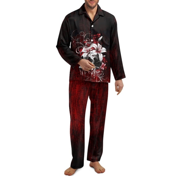 SCRAWLGOD Halloween Lily Floral Print Red Black Men Pajamas Set Long Sleeve Pjs, 2Pcs Notch Collar Button Down Tops Soft Elastic Waistband Bottoms with Pockets, Breathable Loungewear, 4XL