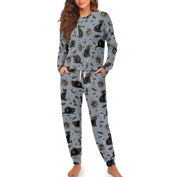 SCRAWLGOD Halloween Pajama Sets for Women, Long Sleeve Round Collar Tee and Drawstring Pant, 2 Piece Sleep Lounge Sets, Soft Pjs with Pockets & Elastic Band, Spider Web Moon Cat Pumpkin Gray, XL