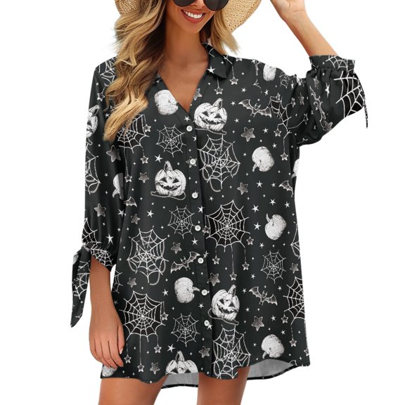 SCRAWLGOD Halloween Pumpkin Cardigan for Women 3/4 Sleeve Blouses Outfits for Women Size S Spider Web V Neck Three Quarter Length Cute Tops Button Down Shirts