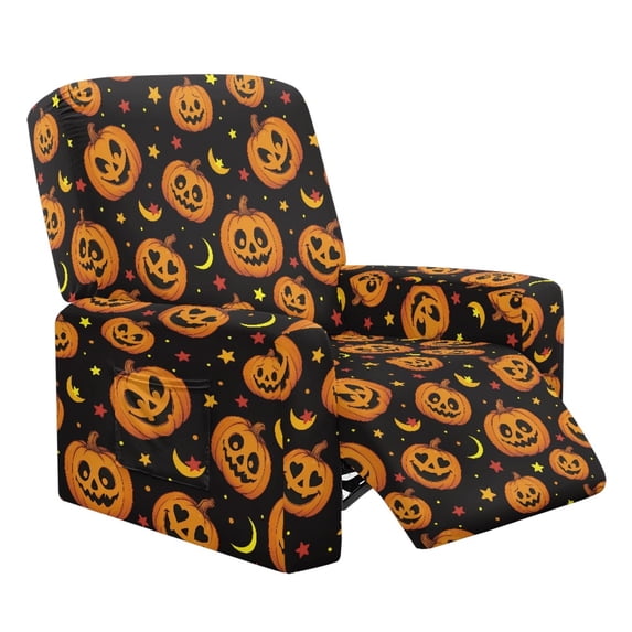 SCRAWLGOD Halloween Recliner Chair Covers Stretch Chair Cover for Electric Recliner Slipcovers 4-Piece Lazyboy 1 Seat Sofa Cover Furniture Protector with Pocket, Pumpkin Star Moon Spot Black