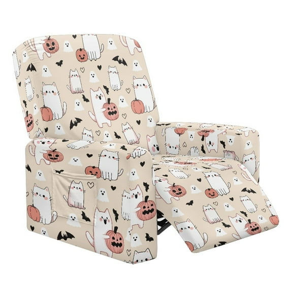 SCRAWLGOD Halloween Recliner Cover 4-Pieces Reclining Covers with Pocket Stretch Recliner Chair Covers with Elastic Band Washable Furniture Protector for Pets, Cat Pumpkin Ghost Bat Heart Beige