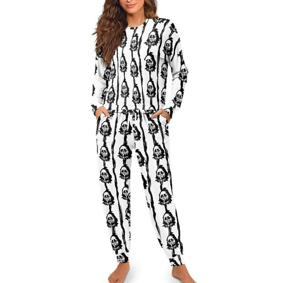 SCRAWLGOD Halloween Skull Stripe Black White 2 Pack Pajama Sets for Women Round-Collar Pullover Soft Sleepwear Lounge Set Anti-Wrinkle Lightweight Pjs Set with Pockets Drawstring, XXL