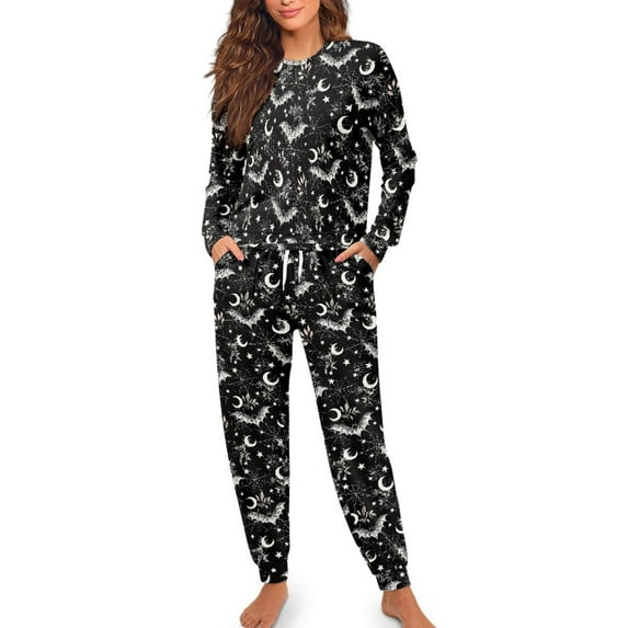 SCRAWLGOD Halloween Women's 2 Piece Pajama Sets Anti-Wrinkle Lounge Set with Pockets Breathable Comfortable Long Sleeve Tops Long Pants with Elastic Band, Bat Moon Star Spider Web Black, S