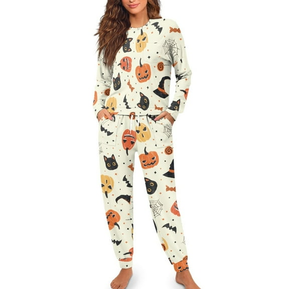 SCRAWLGOD Halloween Women's 2 Pieces Pajama Sets Lightweight Comfy Long Sleeve Lounge Sets Wrinkle-Free Pjs Sleepwear with Pockets & Drawstring, Pumpkin Star Witch Hat Bat Candy, M