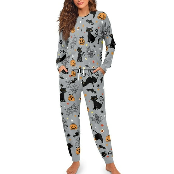 SCRAWLGOD Halloween Women’s Cozy Sleep & Lounge 2 Piece Sleepwear Sets and Separates, Comfortable Loungewear Casual Pjs Pants with Drawstring & Pockets, Cat Spider Web Pumpkin Gray, XL