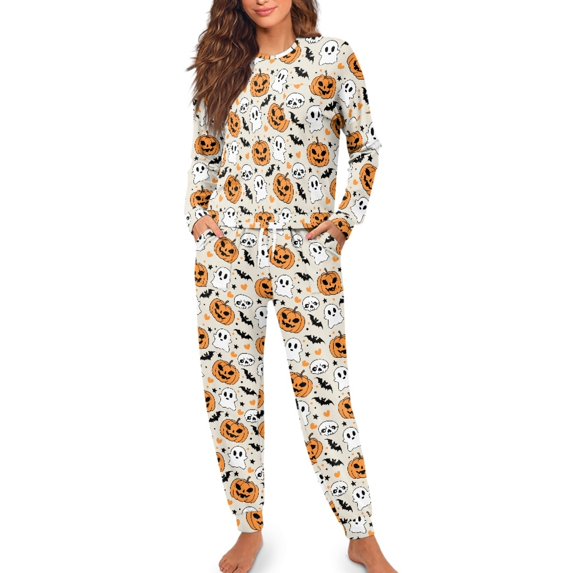 SCRAWLGOD Halloween Women's Long-Sleeve Top and Full-Length Bottom Round Collar Pajama Set Comfy Sleepwear Lounge Set with 2 Pockets, Drawstring, Pumpkin Ghost Skull Heart Beige, M