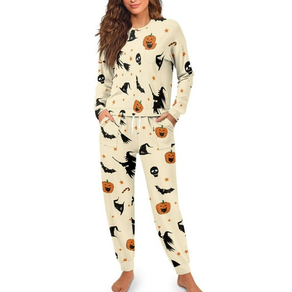 SCRAWLGOD Halloween Women's Long-Sleeve Tops and Full-Length Pajama Set with Breast-Pocket Two-Piece Wrinkle-Free Comfortable Pjs with Pockets Drawstring, Pumpkin Bat Star Witch Beige, S