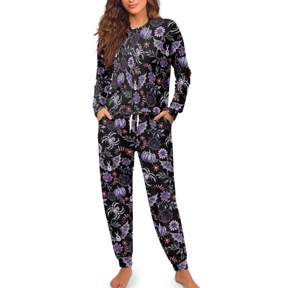 SCRAWLGOD Halloween Women's Two Piece Pajama Sets with Elastic Band Fall Casual Long Sleeve Tops Jogger Pants with Pockets Loungewear Sets, Spider Bat Pumpkin Floral Violet Black, XXL