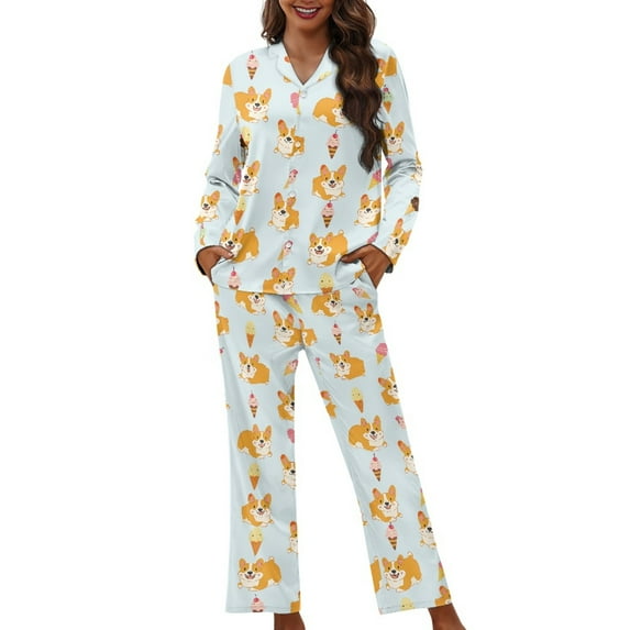 SCRAWLGOD Happy Corgi Pajama Womens Set Pajamas for Women Long Sleeve Button Up Pjs Size S V Neck 2 Pj Sets for Woman Elastic Nightwear Sets for Women