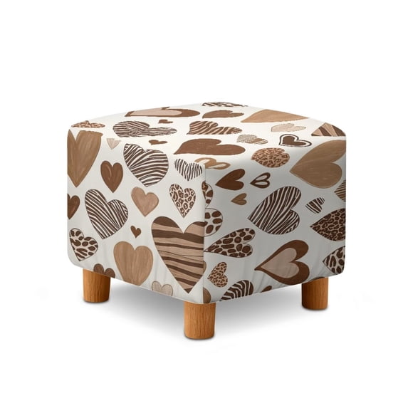 SCRAWLGOD Heart Animal Print Brown Beige Stretch Ottoman Cover Square, Footrest Stool Slipcover with Elastic Bottom Comfortable Foot Stool Cover Furniture Protector for Living Room