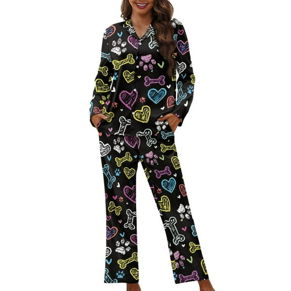 SCRAWLGOD Heart Dog Paw Pajamas for Women Long Sleeve Button Up Pajama Top Women Soft V Neck Ladies Pj with Pockets Size XS Lightweight 2 Piece Sleepwear