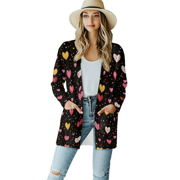 SCRAWLGOD Heart Long Sweater Cardigan Women Dressy Cardigans for Women Lightweight Long Sleeve Sweater Coat with Pockets Stretchy Cardigan Coat Size M for Picnic