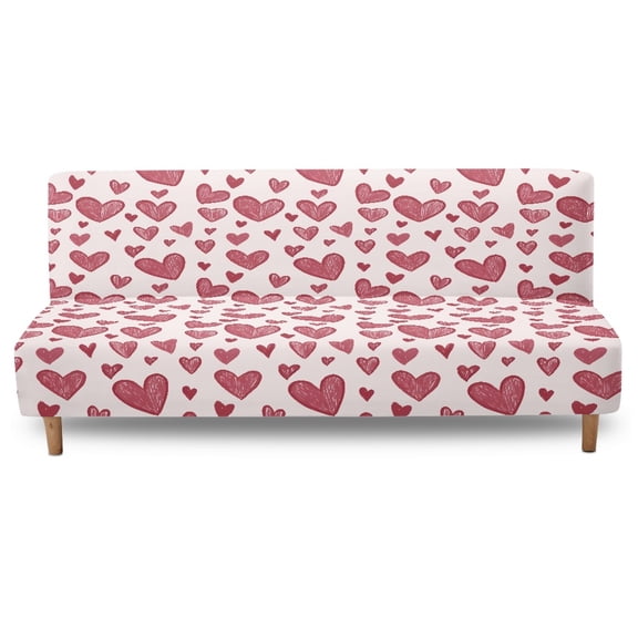 SCRAWLGOD Heart Print Pink Stretch Armless Futon Cover, Machine Washable Futon Couch Cover with Elastic Bottom, Dust Proof Sofa Cover, Soft Furniture Bed Protector