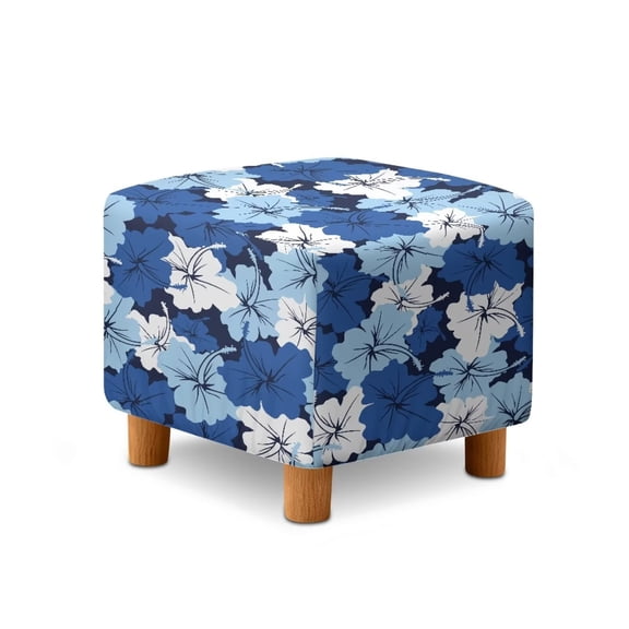 SCRAWLGOD Hibiscus Floral Print Blue Ottoman Cover Square Stretch Ottoman Slipcovers Soft Storage Foot Rest Cover Washable Footrest Stool Slipcover with Elastic Bottom