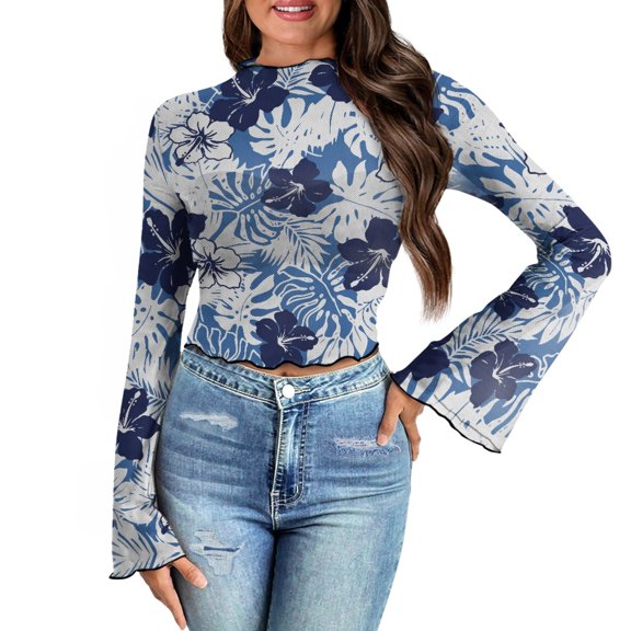 SCRAWLGOD Hibiscus Flower Bell Sleeve Tops for Women Size XL 70s Sheer Mesh Mock Neck Shirt for Going Out Travel Aesthetic Long Sleeve Slim Tops Summer Blouse