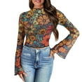 thumbnail image 1 of SCRAWLGOD Hibiscus Flower Women Bell Sleeve Tops Size L 70's Flowy Long Sleeve Tops Aesthetic Flare Sleeve Blouse Mock Neck Crop Tops for Women Ladies, 1 of 7