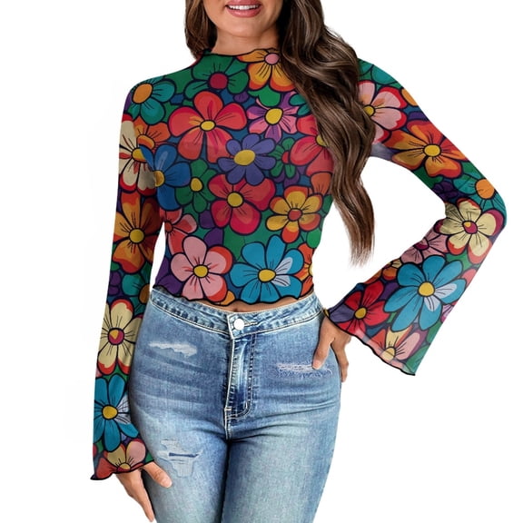 SCRAWLGOD Hibiscus Flower Women Bell Sleeve Tops Size S Bell Sleeve Lettuce Trim Tops Aesthetic Mock Neck Blouse Cropped Long Sleeve Slim Tops for Travel