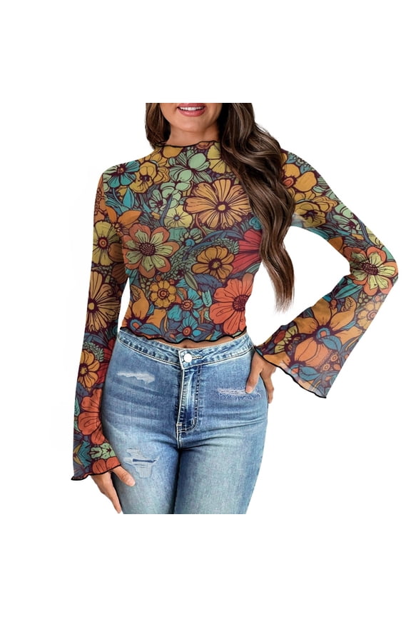 Hibiscus Flower Women Bell Sleeve Tops Size XL 70's Flowy Long Sleeve Tops Aesthetic Flare Sleeve Blouse Mock Neck Crop Tops for Women Ladies