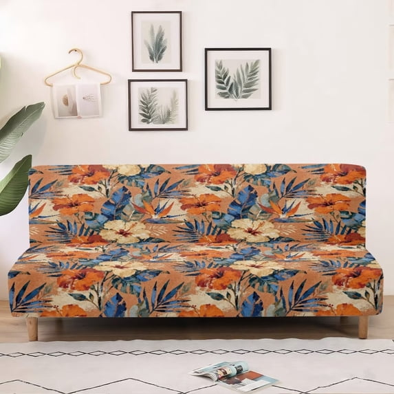 SCRAWLGOD Hibiscus Leaf Pattern Sofa Cover Armless Couch Slipcover for Pets Stretch Leakproof Couch Slipcover Washable 1 Piece Sofa Cover 3 Seater