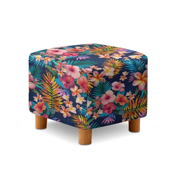 SCRAWLGOD Hibiscus Plumeria Tropical Leaf Print Ottoman Cover Square High Stretch Ottoman Slipcover with Nonslip Elastic Bottom Soft Footstool Protector for Square Storage Ottomans