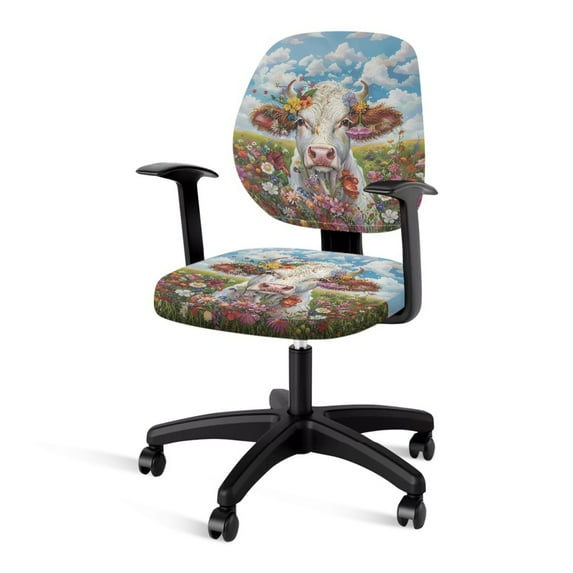 SCRAWLGOD Highland Cattle Floral Sky Breathable Office Chair Covers Non-Slip Stain Resistant High Back Chair Slipcover Easy to Install Computer Chair Slipcovers, 2 Piece Sets