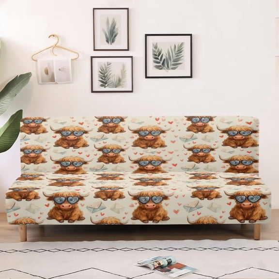 SCRAWLGOD Highland Cattle Letter Print Armless Sofa Cover Stretch 1 Piece Couch Cover Washable Non Slip Leakproof Furniture Protector Heart Print Couch Slipcover for Valentine's Day