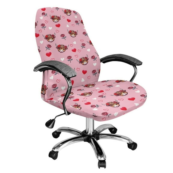 SCRAWLGOD Highland Cattle Rose Love Pink Valentine's Day Cover for Office Chair Seat Comfy Breathable Dustproof Boss Chair Slipcovers Removable Rotating Chair Slipcover, S