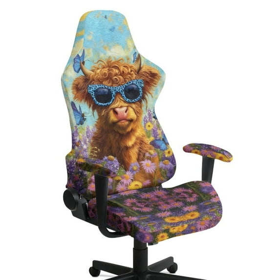 SCRAWLGOD Highland Cow Butterfly Daisy Print 4 Pieces Gaming Chair Cover with Armrest Slipcovers Stretchable Machine Washable Computer Chair Seat Slipcovers Cat Scratch Proof
