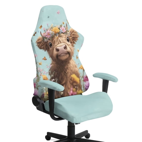 SCRAWLGOD Highland Cow Butterfly Floral Print Cyan Print Gaming Chair Cover with Armrest Cover, Universal Computer Rotating Chair Slipcover Thick Gaming Reclining Chair Protection with Elastic Band